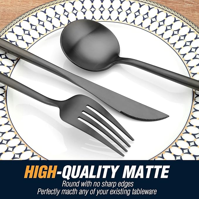 Black Silverware Set, 20 Piece Stainless Steel Flatware Set Service for 4, Matte Black Cutlery Set, Include Knives/Forks/Spoons, Dishwasher Safe