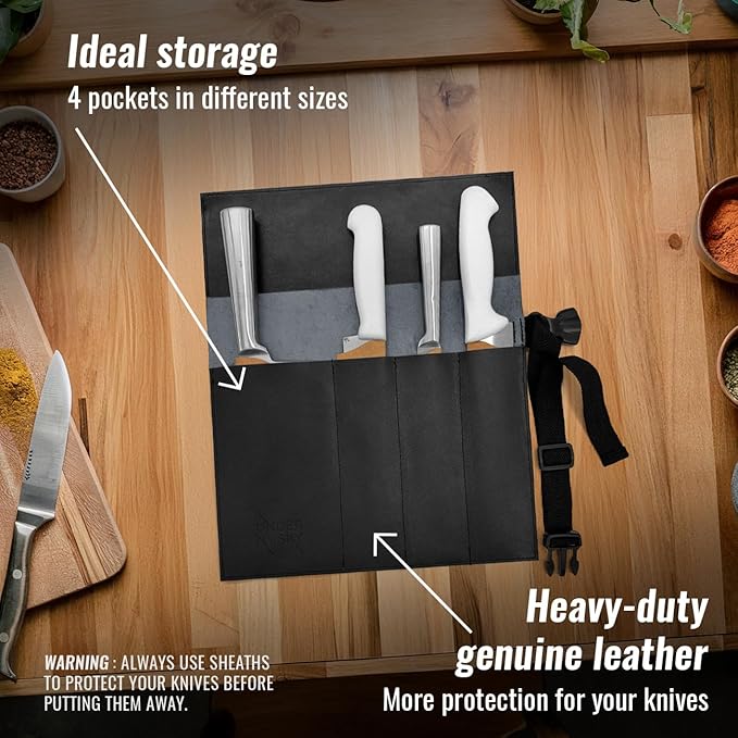Under NY Sky Genuine Leather Knife Roll Case - 4 Slots - Real Leather Pouch - Portable Bag for Cooking Tools, Utensils, Cutlery Knives, Brushes - Chefs, Kitchen, Travel, Gift - Black L