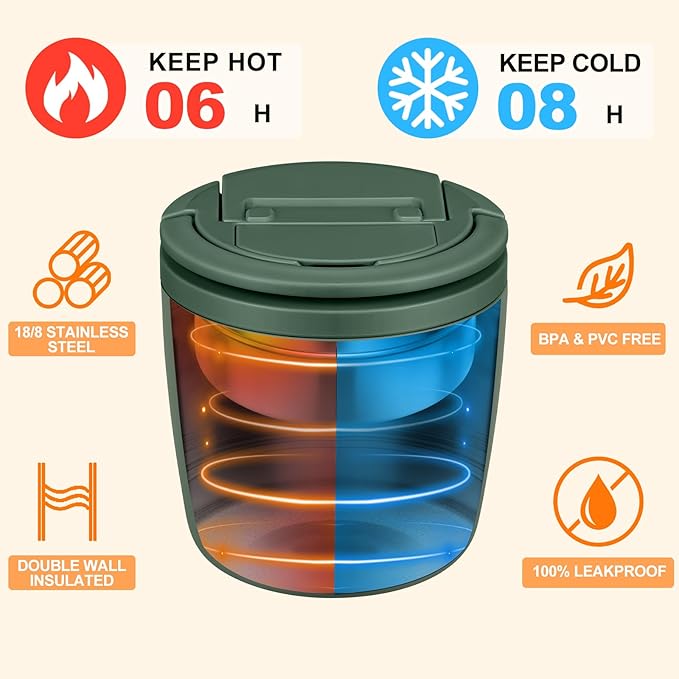 MAXSO Lunch Container 40 oz for Adults Stainless Steel Vacuum Insulated Food Jar, Soup Thermo for Hot Food Thermal Bento Box, Wide Mouth Leakproof Buckle Lid with Spoon - Green