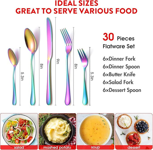 30 Piece Rainbow Silverware Set with Gift Box for 6, Colorful Stainless Steel Flatware Cutlery Set, Home Kitchen Tableware Utensil Set, Include Spoons Forks Knives
