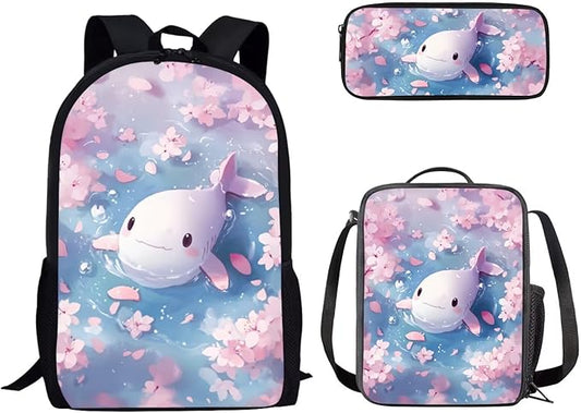 Dolyues Cherry Blossom Fish Girls' Pink Backpack Set - Stylish Casual Daypack with Lunch Bag & Pencil Case - Gifts for Women & Girls