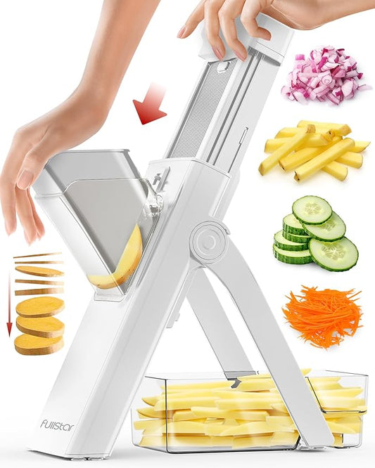 Fullstar Safer Mandoline Slicer for Kitchen, Cucumber Slicer, Potato, Julienne Vegetable & Food Chopper (4 in 1, Solid White)