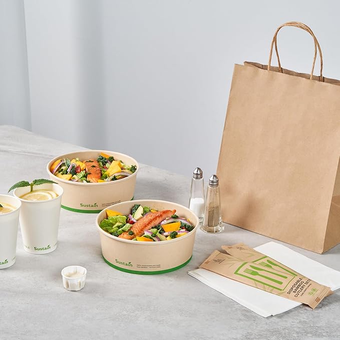 Restaurantware-Sustain 44 Ounce Sturdy Paper Take Out Boxes, 50 Round Take Out Food Containers - With PLA lining, Compostable, Bamboo Paper Containers, Disposable, Greaseproof