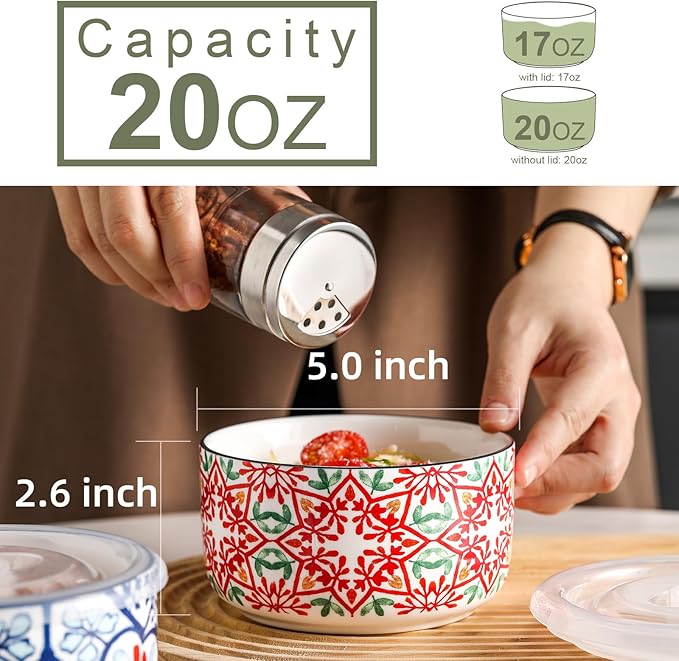 Ceramic Bowl with Lid: Microwave Safe Soup Containers Set of 4 for Meal Prep, Cereal, Salad, Picnic, Camping, Office Lunch, Kitchen Food Storage - 5 Inch, 20 oz, Design A