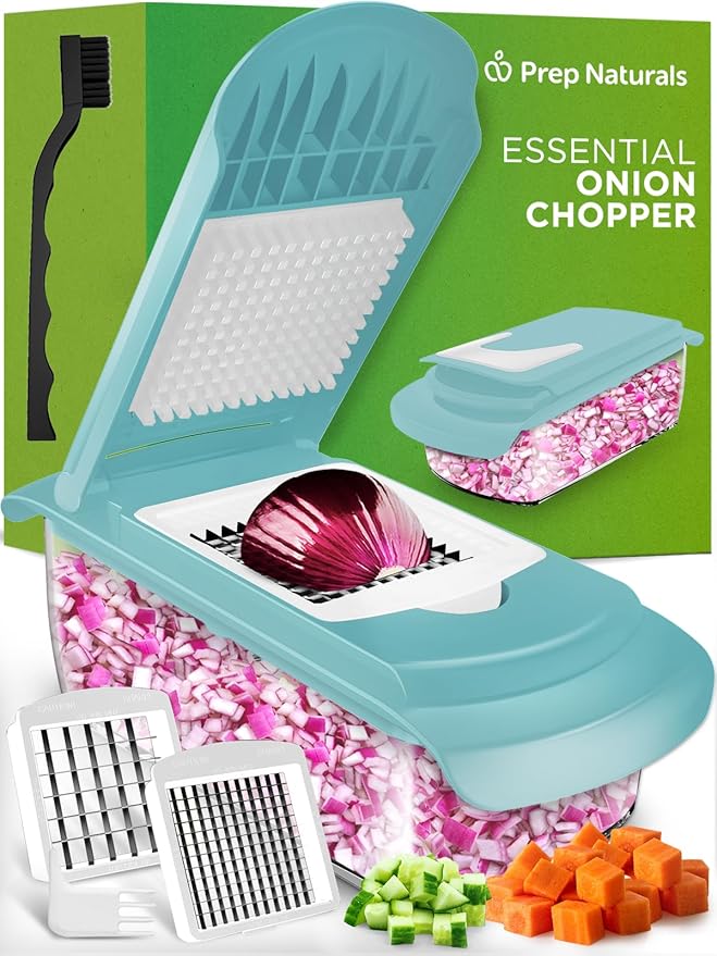 PrepNaturals Vegetable Chopper with Container, Food Chopper with Container - Mandoline Slicer for Kitchen (4 in 1, Blue/White)