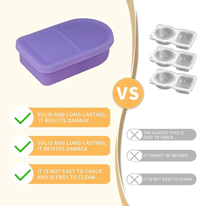 1 Pcs Silicone Reusable Snack Containers, 2-Compartment Dipping Containers with Lid,For refrigerated, outdoor takeout, portion controlled snack sauce containers (Purple,1 Pcs)