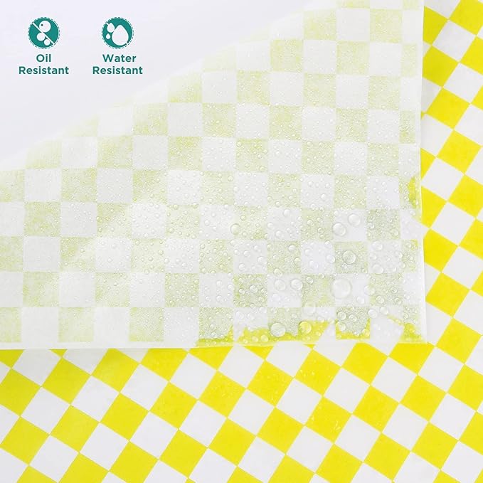 GeeRic Waxed Deli Paper Sheets 12 * 12 Inch, 100 Pcs Food Basket Liners for Sandwiches, Burgers, Checkered Deli Wrap Wax Paper Sheets Yellow