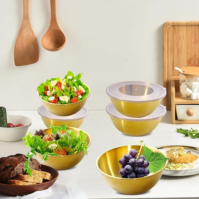 14 Pack 6.69 inches Gold Mixing Bowls with 16 Pcs Airtight Lids Stackable Stainless Steel Soup Bowls Versatile Mixing Bowls Metal Fruit Salad Bowls Round Serving Bowl for Kitchen Cooking Supplies