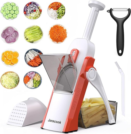 Safe Mandoline Slicer for Kitchen, Adjustable Thickness 0.1-8 mm, 5 in 1 Multi Vegetable Chopper, Potato Slicer, Food Chopper French Fry Cutte, Paring Knife/Cleaning Brush, Mandolin (Tropical orange)
