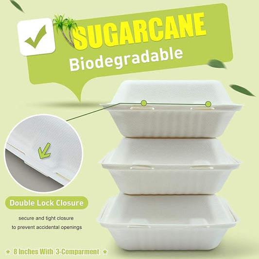 Green Earth 8-inch, 100-Count, 3-Compartment, Compostable Clamshell, Natural Bagasse (Sugarcane Fiber), Take-Out/to-Go Food Boxes - Biodegradable Containers, Hinged Lid Microwave-Safe Gluten-Free