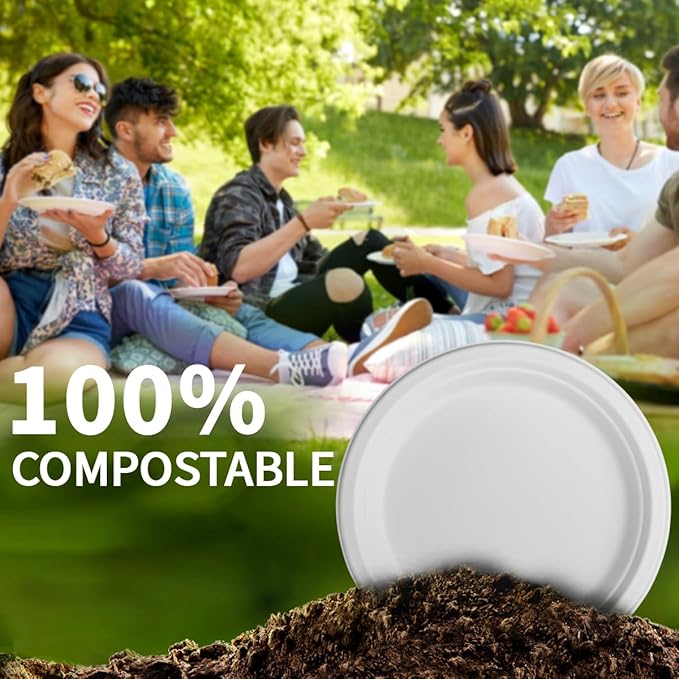 150 Pieces 100% Compostable Paper Plates (White 9"") Heavy Duty Disposable Plates Eco Plates Made of Sugarcane Fiber Biodegradable Plates for Everyday Dinner, Party, Barbecue, XS-YP09