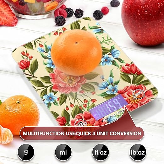 Food Scale Kitchen Digital Scale Food Ounces and Grams Dieting Baking Cooking Waterproof Glass Panels LCD Display,4 Units Scale Tare Function Flower Red