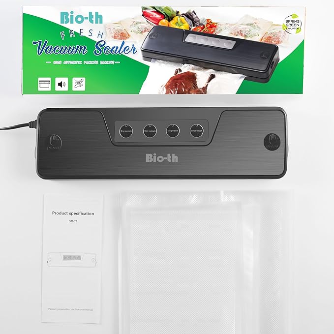 Bio-th Vacuum Sealer for Food Storage, Food Saver Vacuum Sealer Machine, Fast & Compact Vacuum Sealer for Food, Multi-Functional with Dry & Wet Modes, Includes 15pcs Big Size Bags (25x30cm)