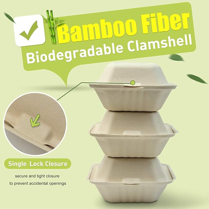 Green Earth, 6-inch, 125-Count, Ribbed Hamburger Compostable Clamshell, BAM Ware (Bamboo Fiber), Take-Out/to-Go Food Boxes - Biodegradable Containers, Hinged Lid Microwave-Safe Gluten-Free