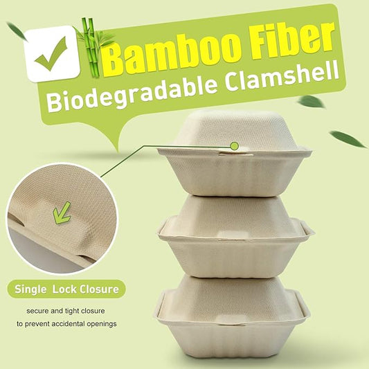Green Earth, 6-inch, 125-Count, Ribbed Hamburger Compostable Clamshell, BAM Ware (Bamboo Fiber), Take-Out/to-Go Food Boxes - Biodegradable Containers, Hinged Lid Microwave-Safe Gluten-Free