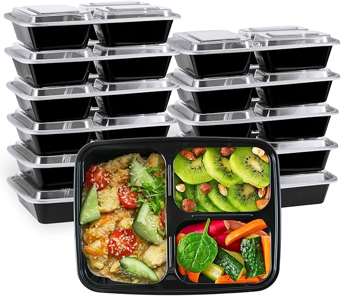 MUCHII 32 oz 3 Compartment Meal Prep Containers With Lids 20 Count To Go, Plastic Disposable Food Containers Microwave and Freezer Safe