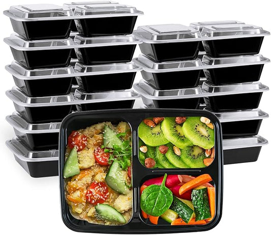 MUCHII 32 oz 3 Compartment Meal Prep Containers With Lids 20 Count To Go, Plastic Disposable Food Containers Microwave and Freezer Safe