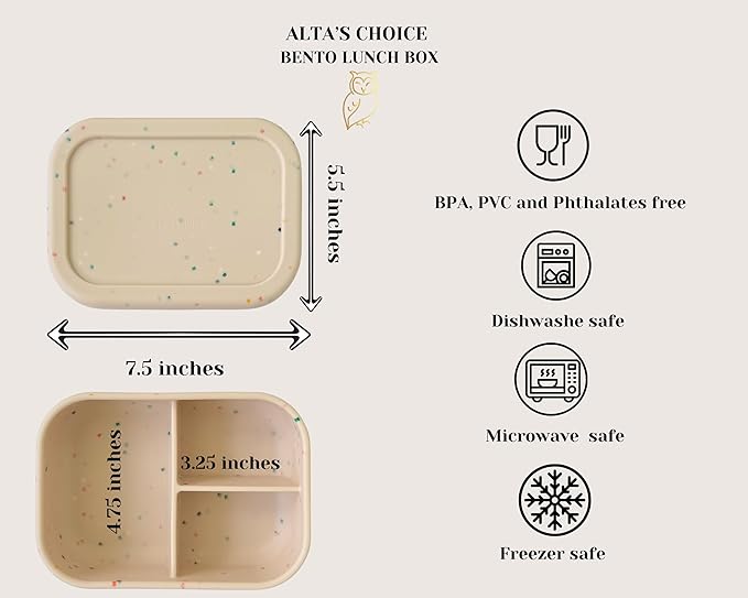 ALTA'S CHOICE SILICONE BENTO LUNCH BOX (IVORY). Leak-Proof Lunchbox, 3 Compartments. BPA, Phthalate, Lead, & PVC Free. Bento Lunch Box for Kids and Adults. Microwave, Dishwasher Safe, Reusable.
