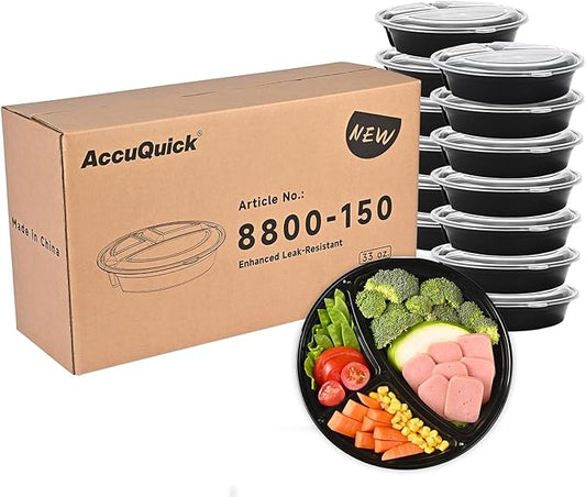 LOKATSE HOME Meal Prep Container Microwave Safe 150 Pack 3 Compartment with Lids, Round Bento Box, Food Storage Durable Stackable Reusable, BPA Free, Freezer, Dishwasher Safe (33 oz)