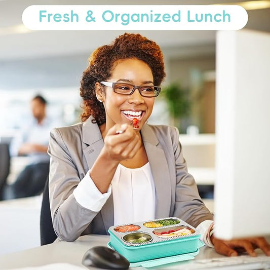 36-oz Lunch Box Containers Stainless Steel Bento Box for Adults with 4-Compartment Snack Tray, Soup Bowl with Lid & Metal Spoon, Dishwasher Safe, Easy to Carry, Green
