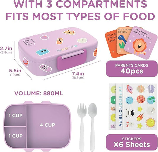 Kids Bento Lunch Box For Boys and Girls With Free Cutlery Set, 6 Sticker Sheets (5+ Years) and Parent Cards - 880 ML Leakproof 3 Compartment Lunch Box for kids, Portion Control Bento Box Kids - Lilac