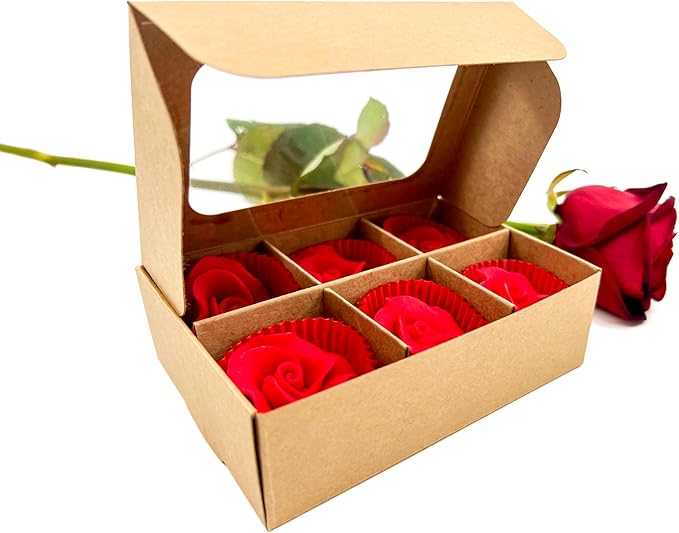 Treat boxes with window and dividers | 6 X-SMALL compartments | 5 x 3.5 x 1.57 in | Empty candy boxes for gift giving, truffle box - perfect for Valentine's Day | 20-pack (Kraft)