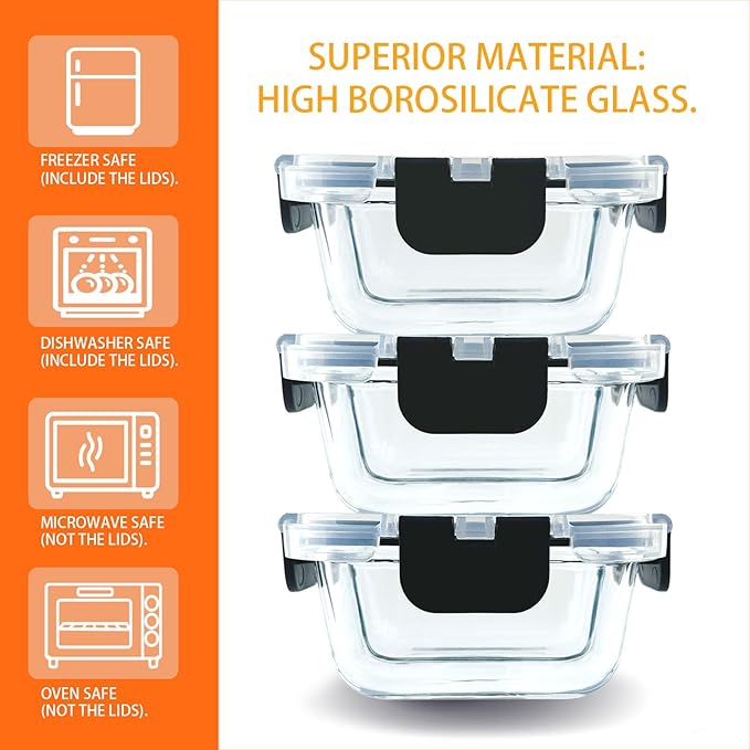 Bariatric Meal Prep Containers, Glass Bariatric Portion Control Containers with Two 4 oz Compartments (3 Pack), 8 oz Reusable Lunch Box Bento Box with Lids, Glass Snack Containers with Lids