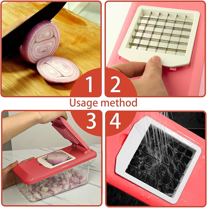VEKAYA Vegetable Chopper, Professional Food Chopper with Container, Multifunctional Veggie Slicer, Vegetable Cutter with Detachable Blades, Onion Dicer Cutter for Kitchen (Red)