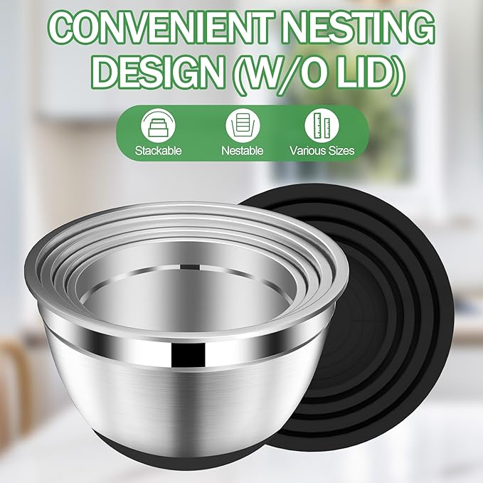 Mixing Bowls with Lids Set, Stainless Steel Mixing Bowls with Colander, Strainer with Mixing Bowl Set, Non-Slip Bottom, Kitchen Gadgets Bowl Christams Gift, Size 4, 2.5, 2, 1.5QT - Black