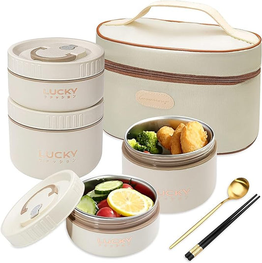 Portable Insulated Lunch Containers, Stainless Steel Bento Box Adult Lunch Box with Insulated Lunch Bag, 4 Separate Stackable Lunch Container for Adult, White…