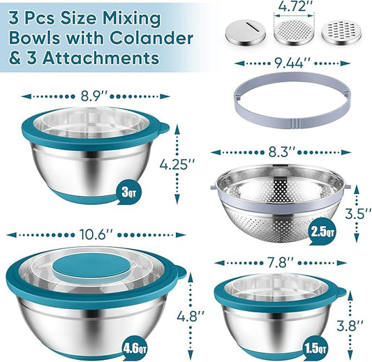 P&P CHEF Mixing Bowls with Lids Set of 3, 3 Pcs Stainless Steel Nesting Salad Bowls and Colander for Kitchen, 3 Grater Attachments & Non-Slip Bottoms, Visible & Airtight Lid, Blue