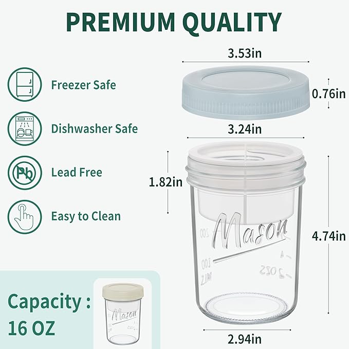 16 oz Overnight Oats Containers with Lids, 2-Pack Leak-Proof Wide Mouth Mason Jars & Separate Compartments for Fruits/Nuts, Airtight Glass Jars for Chia Pudding, Yogurt, Parfait and Salad