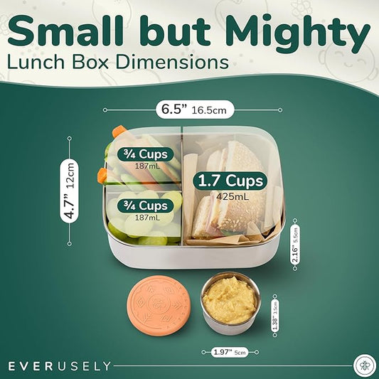 Everusely - Bento Box for Kids - Orange, 6.5x4.7 / 27oz - Stainless Steel Lunch Box w/Leakproof Condiment Container - 3 Compartment Snack Box for School, Office Meals - Freezer & Dishwasher Safe