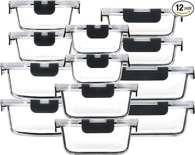 12 Pack Glass Meal Prep Containers with Airtight Lids, Leak-Proof Food Storage Containers, Dishwasher/Microwave/Oven/Freezer Safe Glass Containers for Lunch, Leftovers, to Go (Grey)