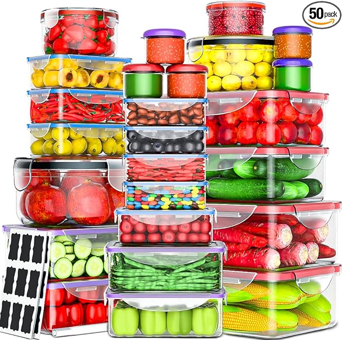 RockBerry 50 Pcs Large Food Storage Containers with Lids Airtight-85 OZ to Small Containers-Total 526 Oz BPA Free Plastic Stackable Containers For Pantry kitchen Organization, Microwave Safe