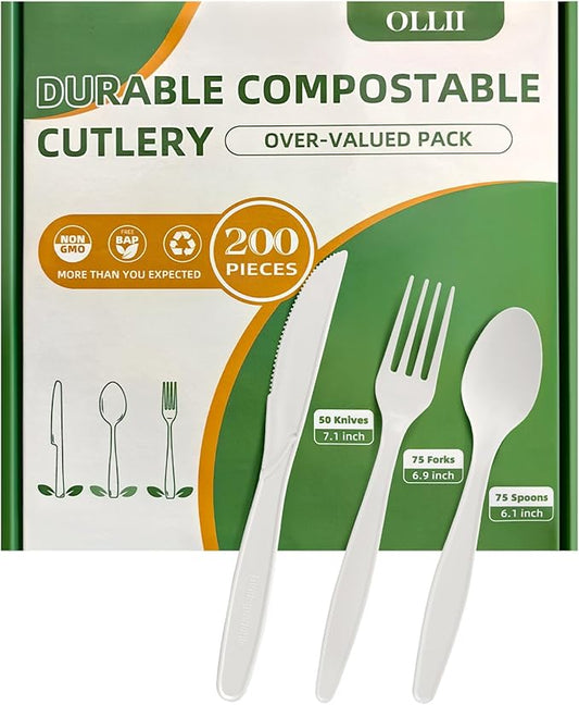 200 Count Biodegradable Cutlery Set Eco-Friendly Compostable Utensils Heavy Duty Disposable Silverware 75 Forks, 75 Spoons, 50 Knives for Parties Picnics Travel BBQ