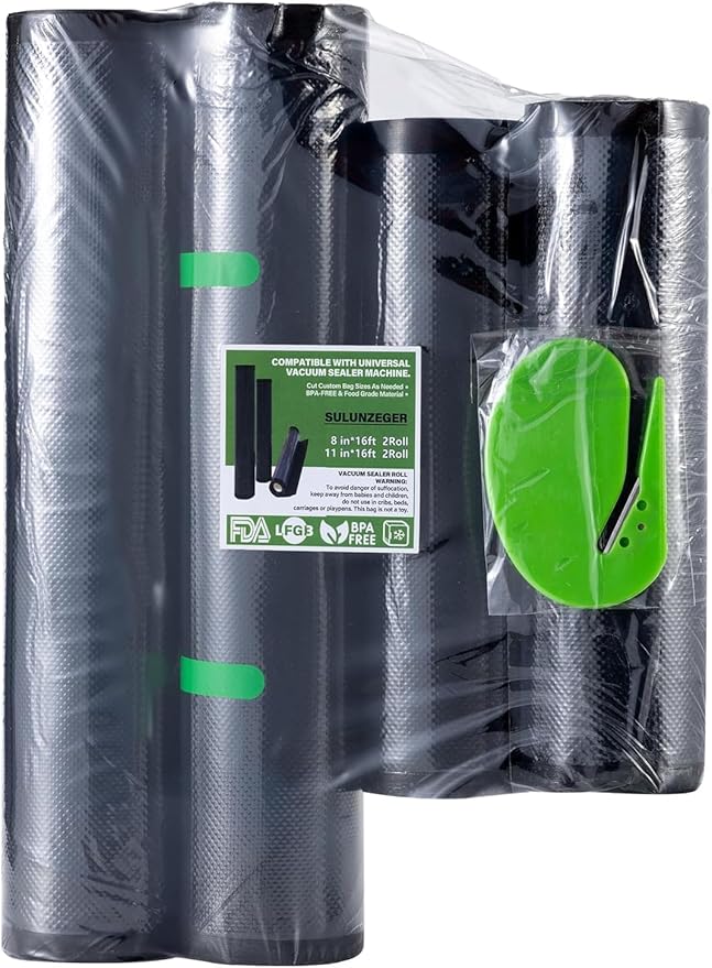 Vacuum Sealer Bags, 2 Rolls 8"X16' and 2 Rolls 11"X16' Airtight Food Storage Bag, Sous Vide Roll with Bags Cutter for Vacum Sealing Machine, Microwave Freezer Safe, BPA Free (Black)