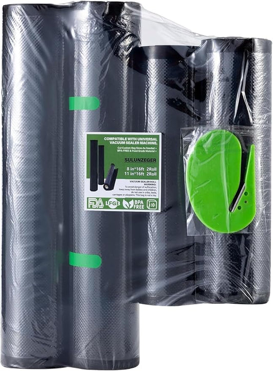 Vacuum Sealer Bags, 2 Rolls 8"X16' and 2 Rolls 11"X16' Airtight Food Storage Bag, Sous Vide Roll with Bags Cutter for Vacum Sealing Machine, Microwave Freezer Safe, BPA Free (Black)