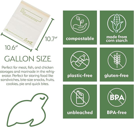 100% Compostable Food Storage Bags [Gallon 50 Pack] Eco-Friendly Freezer Bags, Resealable Bags, Heavy-Duty, Reusable, Off-White by Earth's Natural Alternative