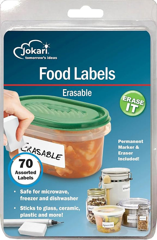 Jokari Label Once Erasable Food Labels with Marker and Eraser Reusable Removable Adhesive Labels for Kitchen Storage Freezer Dishwasher and Microwave Safe 70 Pack