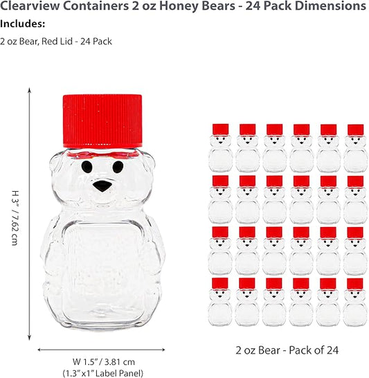 2 Ounce Honey Bears with Sealable Red Screw Top Lid - 24 Pack (2 oz. Bear, 24pk, Red)