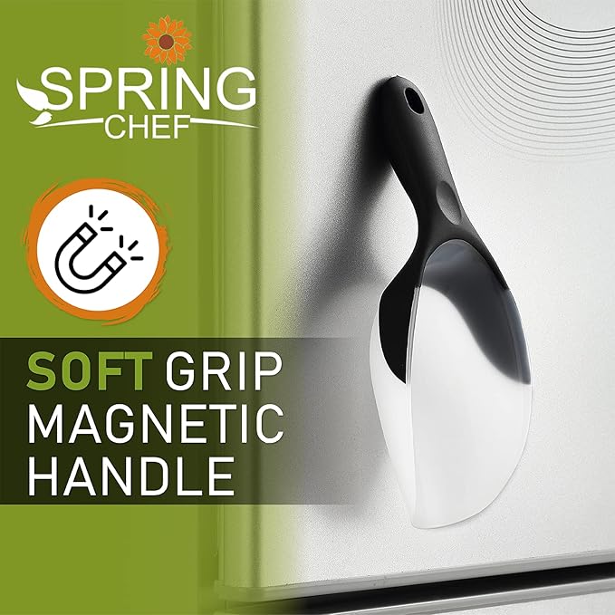 Spring Chef Magnetic Ice Scoop with Soft Grip Handle, Black & Stainless Steel Round Measuring Cups, Set of 7-2 Product Bundle