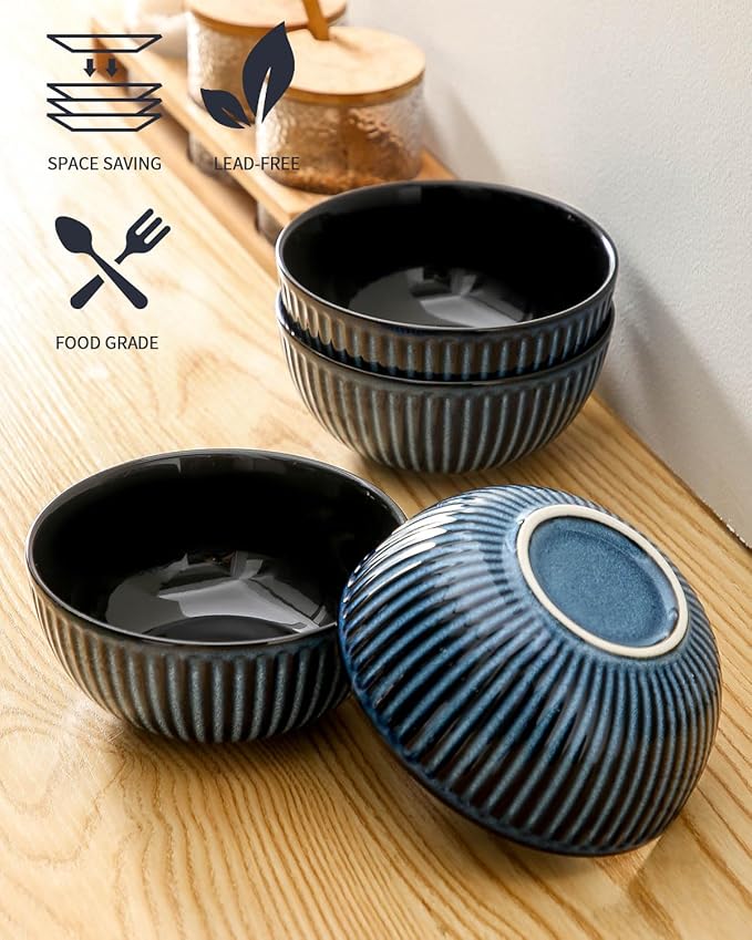 Hasense Porcelain Cereal Bowls Set 24 Oz - 6 Inch Soup Bowl Set of 6 for Kitchen,Modern Ribbed Ceramic Dishes for Entertaining,Soup,Oatmeal,Pasta,Cereal,Noodle - Dishwasher & Microwave Safe, Blue