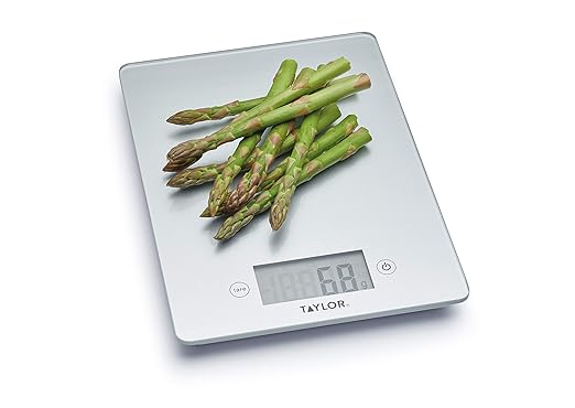 Taylor Pro Digital Glass Kitchen Food Scales, Ultra Thin Compact Design, Professional Standard with Tare Feature, Silver Finish Weighs 5 kg Capacity