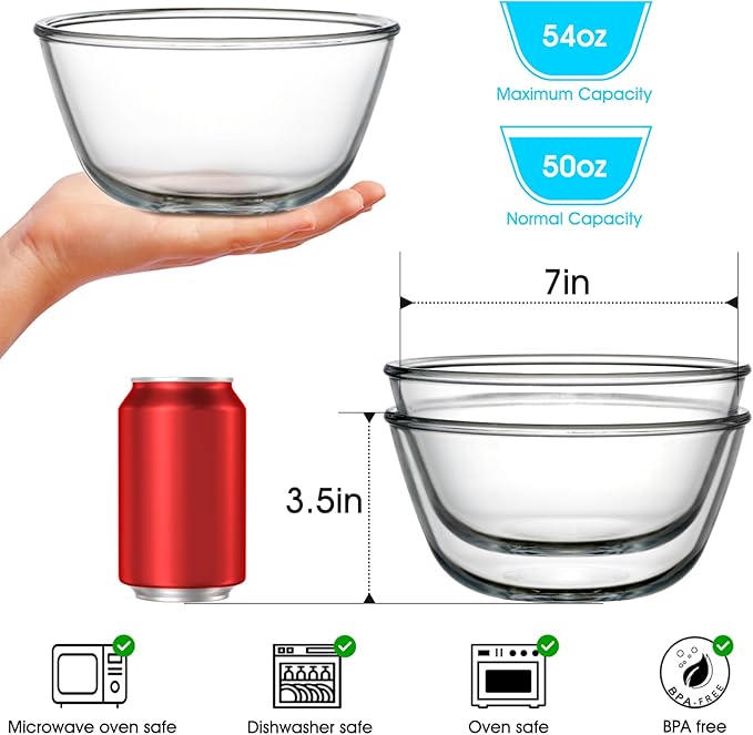 NUTRIUPS Deep Glass Mixing Bowls 7in Glass Salad Bowl 54oz Clear Glass Bowls for Kitchen, Set of 2