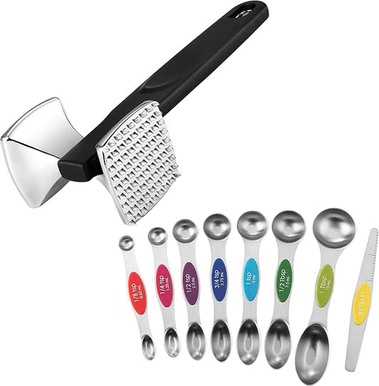 Spring Chef Dual Sided Meat Tenderizer, Black & Stainless Steel Magnetic Measuring Spoons, Set of 8, Multi-Color - 2 Product Bundle