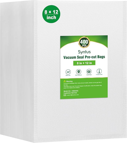 Syntus Vacuum Sealer Bags for Food, 400 Count Quart 8" x 12" Commercial Grade PreCut Bag, BPA Free Food Vac Bags for Storage, Meal Prep or Sous Vide