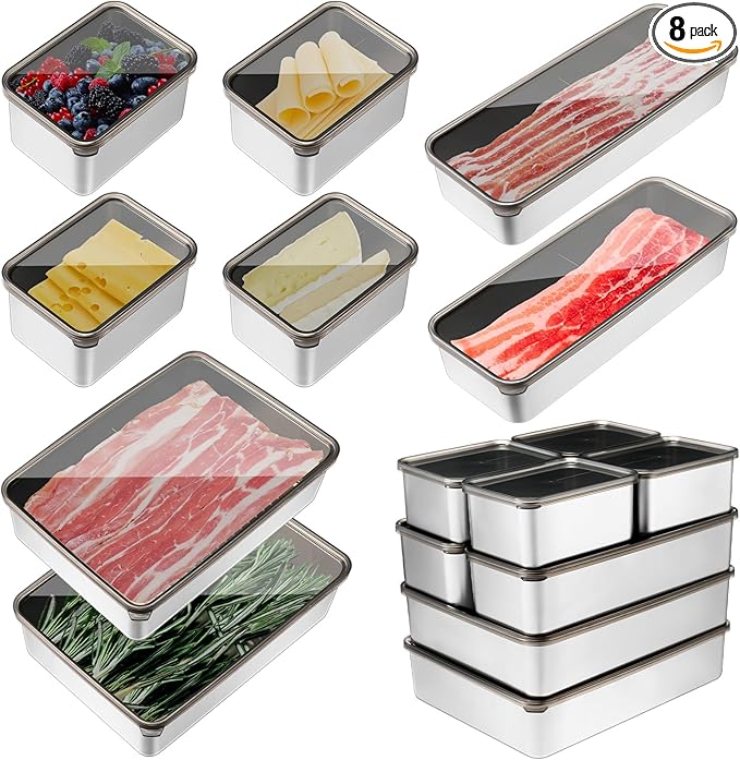 8 Pack Deli Meat Cheese Container for Fridge Increase Capacity Bacon Stainless Steel Containers with Lids Refrigerator Storage Dishwasher Safe