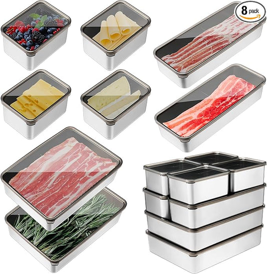 8 Pack Deli Meat Cheese Container for Fridge Increase Capacity Bacon Stainless Steel Containers with Lids Refrigerator Storage Dishwasher Safe