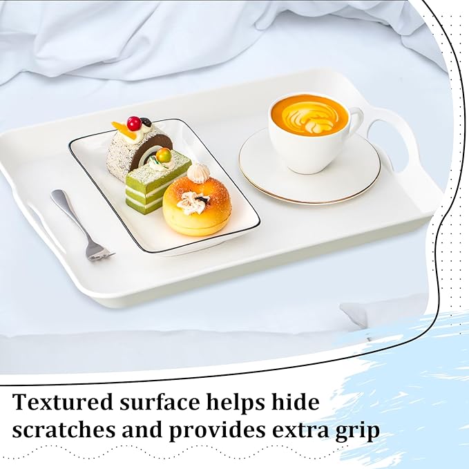 6 Pcs Serving Trays with Handles Trays for Eating 16 x 11 Inch Multi Purpose Plastic Tray Rectangular Anti Skid Decorative Food Tray for Restaurant Breakfast Countertop Party Kitchen (White)